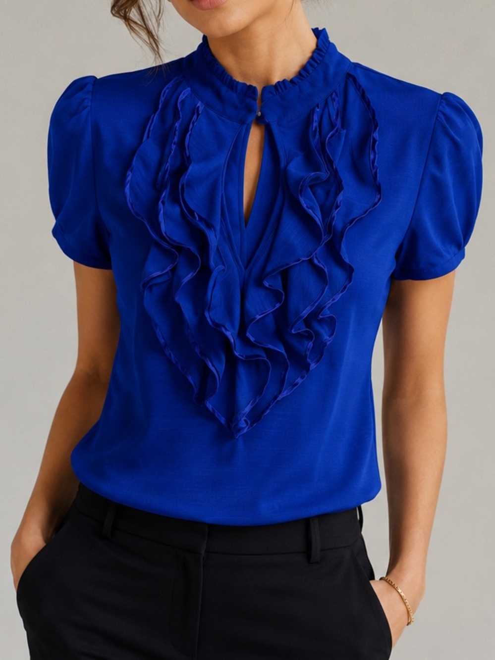 HeartSoul Royal Blue Ruffle Front Blouse Medium Puff Sleeve Career Office Top